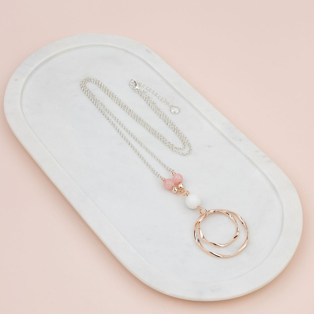Circle w Pink & White Beads Necklace