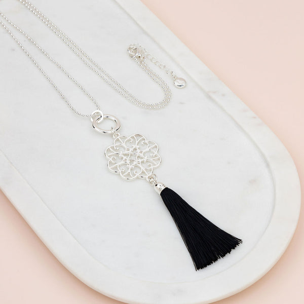 Silver Scroll w Black Tassel Long Necklace