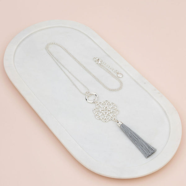 Silver Scroll with Grey Tassel Necklace