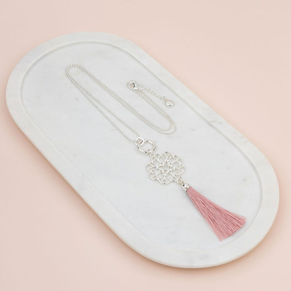 Silver Scroll with Pink Tassel Necklace