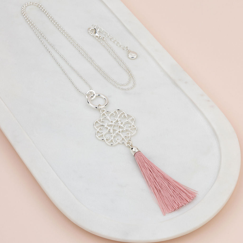 Silver Scroll with Pink Tassel Necklace