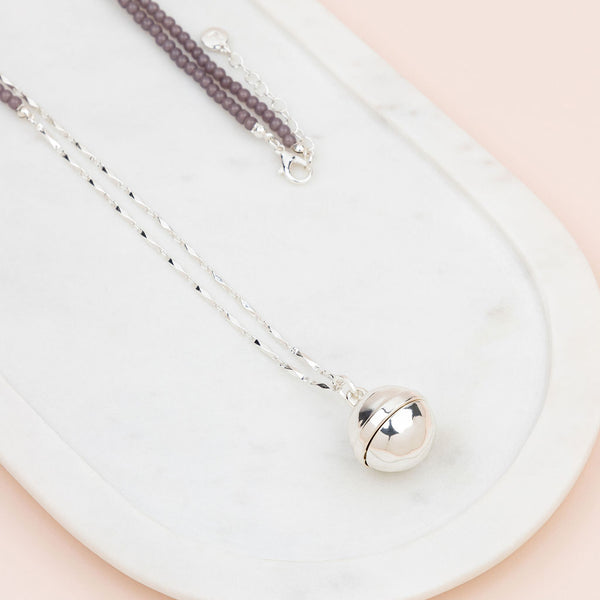 Grey Bead w Silver Chain Ball Long Necklace