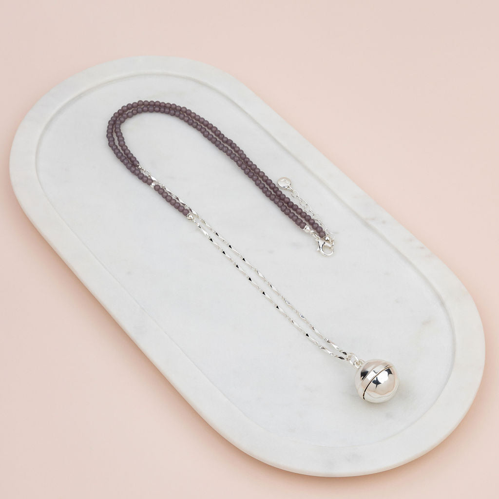Grey Bead w Silver Chain Ball Long Necklace