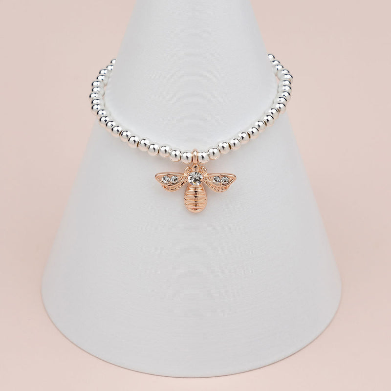 Silver Bead with Rose Gold Bee Bracelet