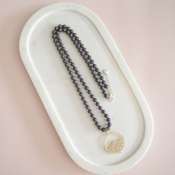 Charcoal Resin Bead with Gold Lace Pendant Necklace