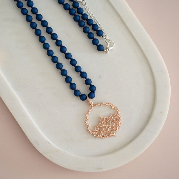 Navy Resin Beads with Rose Gold Lace Pendant Necklace