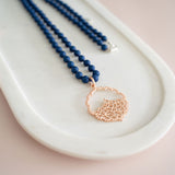 Navy Resin Beads with Rose Gold Lace Pendant Necklace