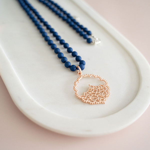 Navy Resin Beads with Rose Gold Lace Pendant Necklace