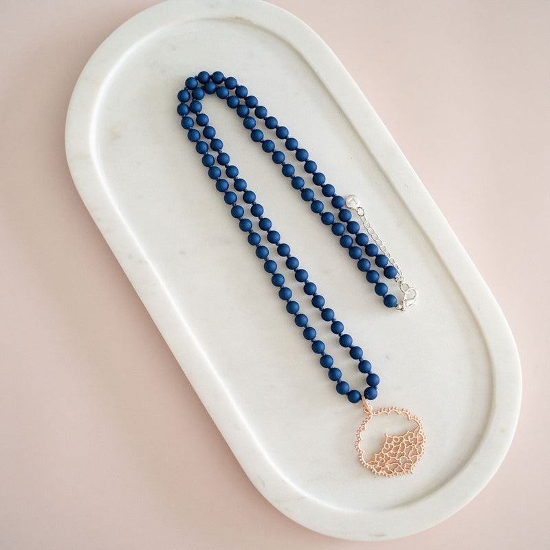 Navy Resin Beads with Rose Gold Lace Pendant Necklace