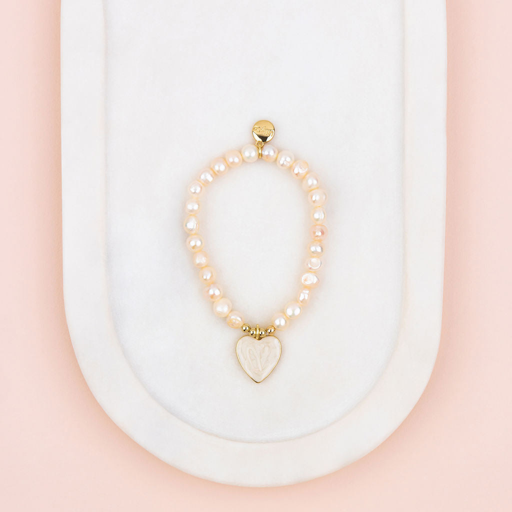 Yellow Gold & Pearl Heart on Fresh Water Pearls Bracelet