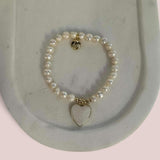 Yellow Gold & Pearl Heart on Fresh Water Pearl Bracelet