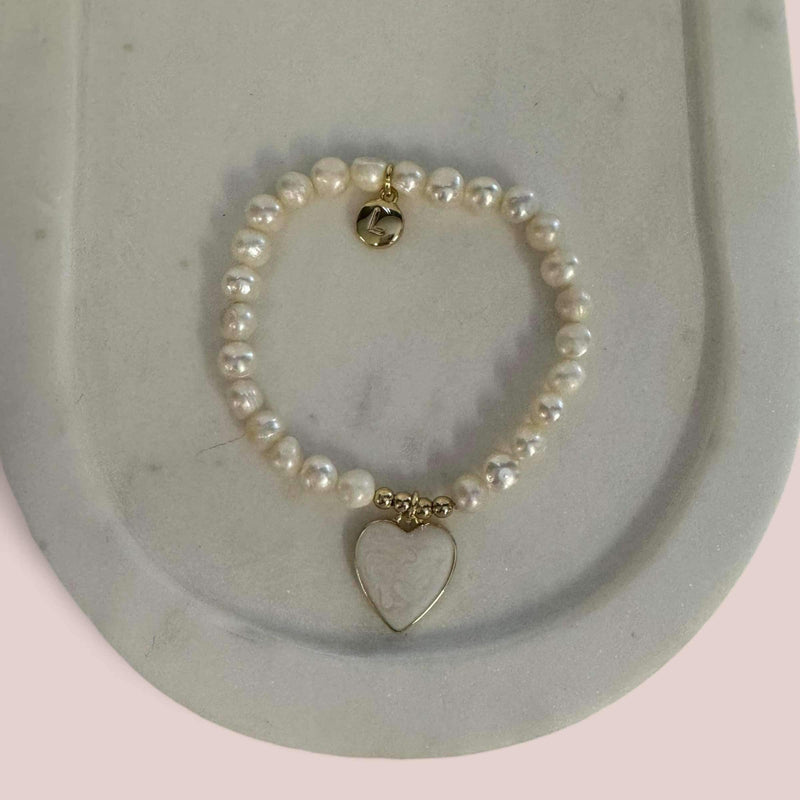 Yellow Gold & Pearl Heart on Fresh Water Pearl Bracelet