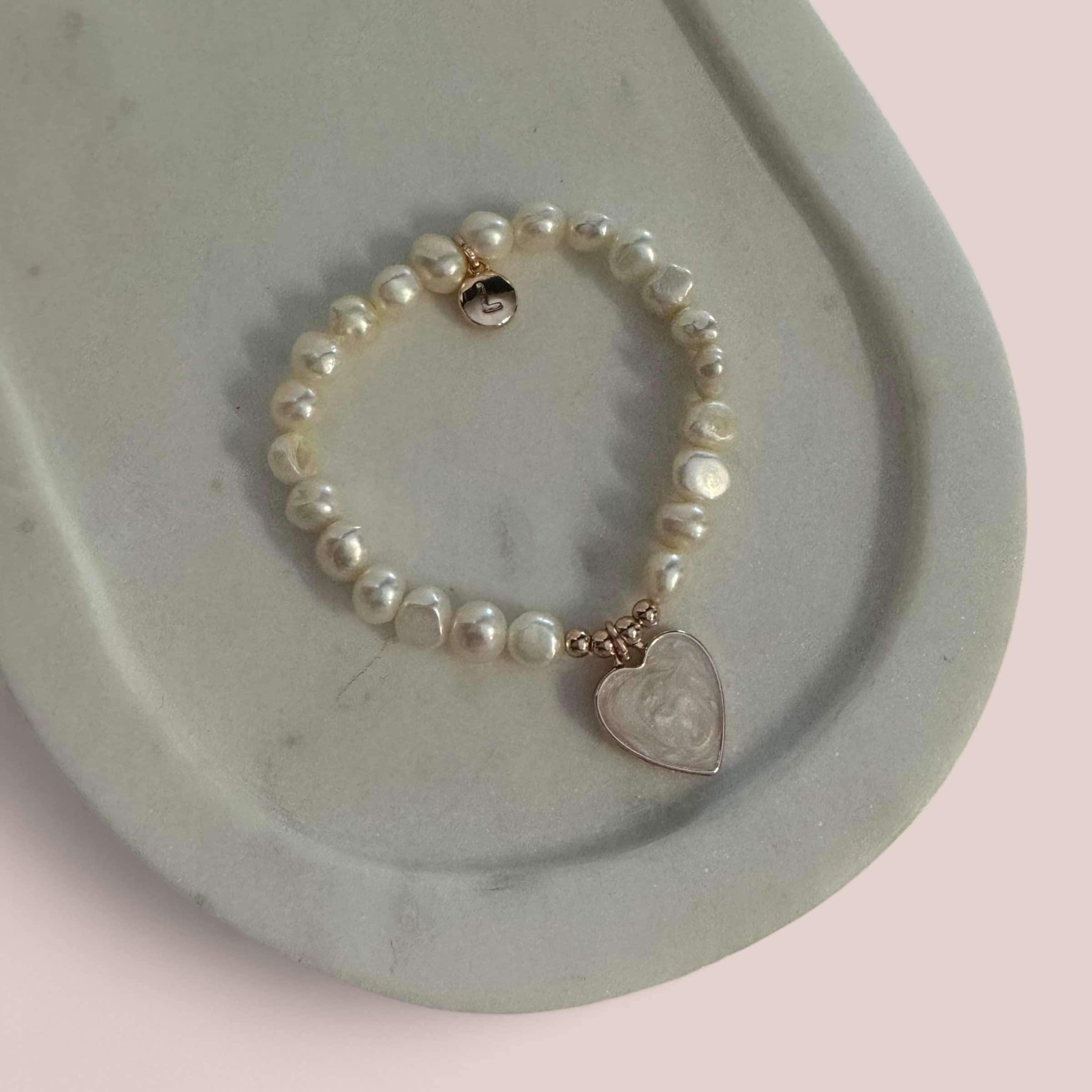 Rose Gold & Pearl Heart on Fresh Water Pearl Bracelet