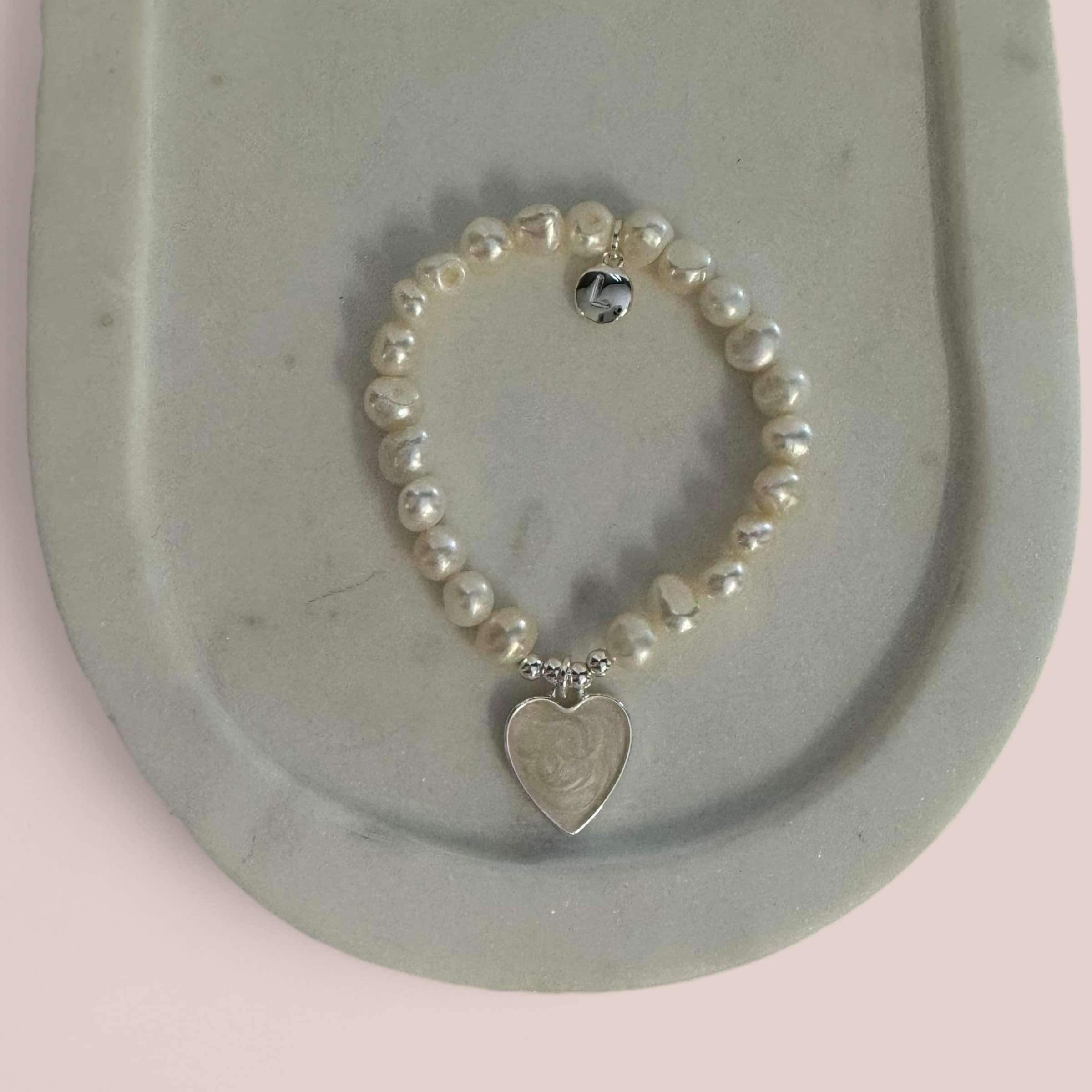 Silver & Pearl Heart on Fresh Water Pearl Bracelet