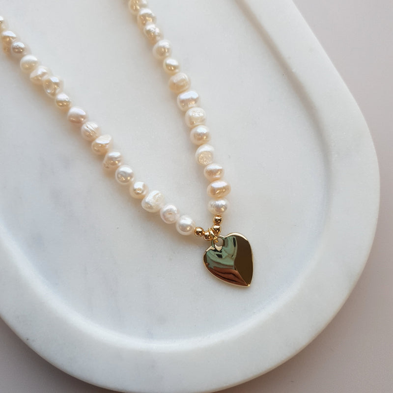 SHORT | Yellow Gold & Pearl Heart on Fresh Water Pearl Necklace
