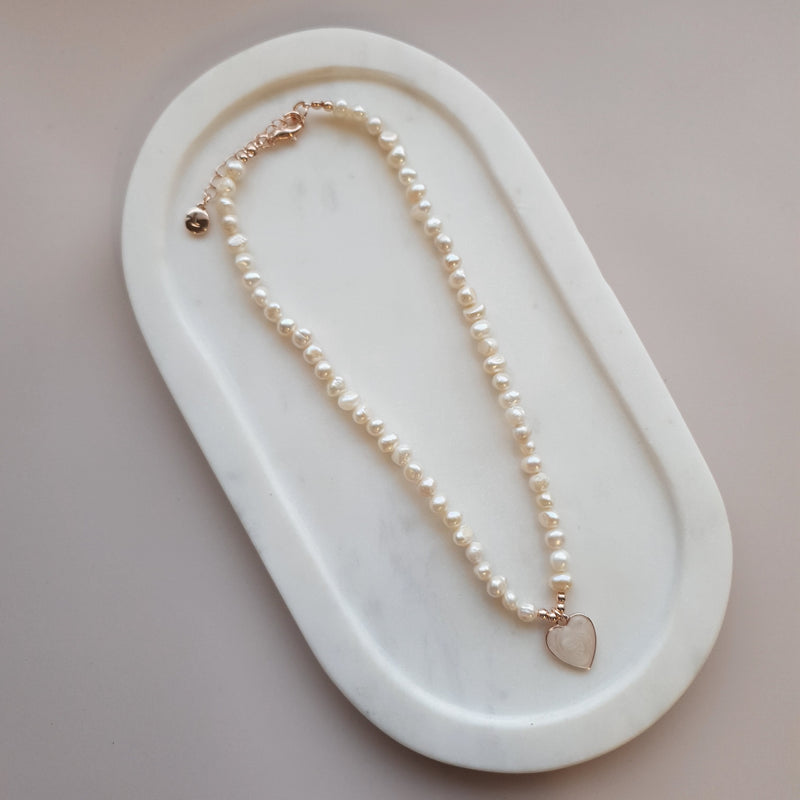 SHORT | NEW | Rose Gold & Pearl Heart on Fresh Water Pearl Necklace