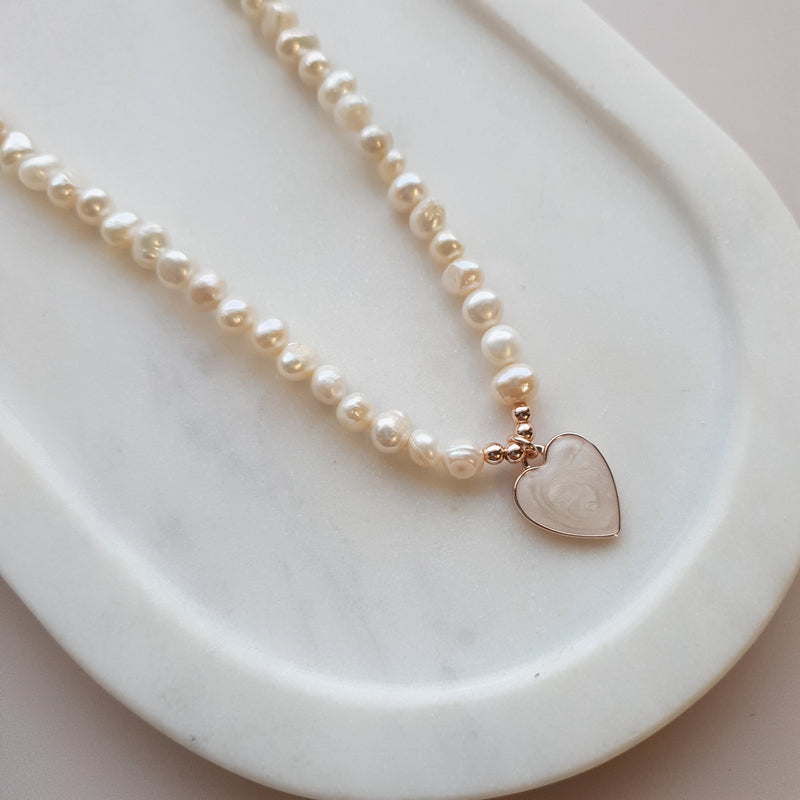 SHORT | NEW | Rose Gold & Pearl Heart on Fresh Water Pearl Necklace
