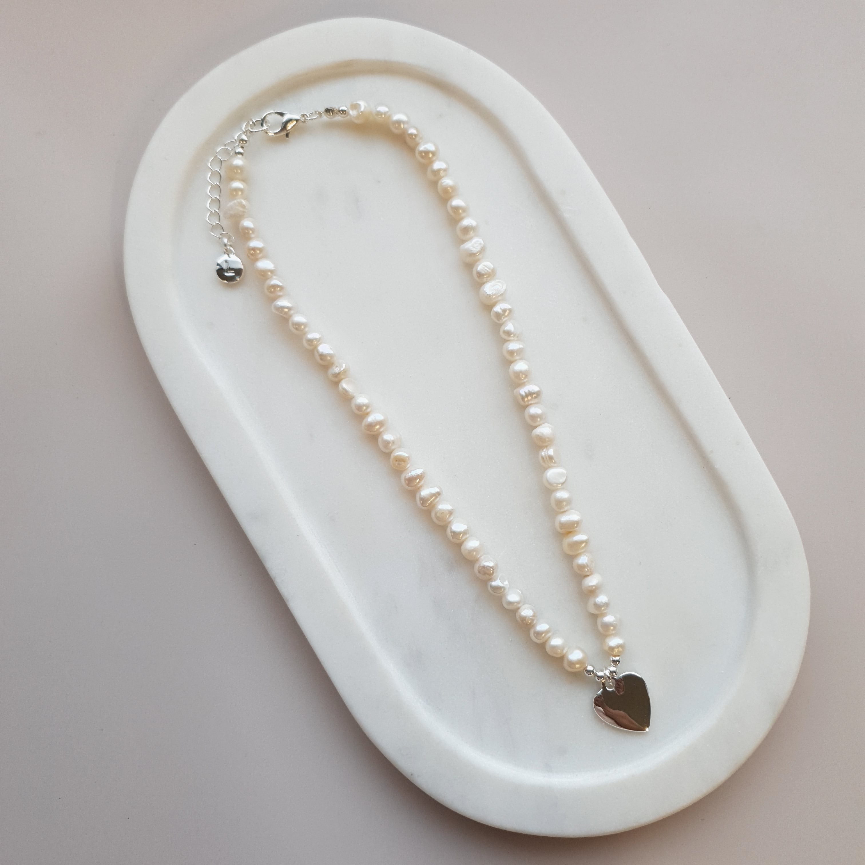 SHORT | Silver & Pearl Heart on Fresh Water Pearl Necklace