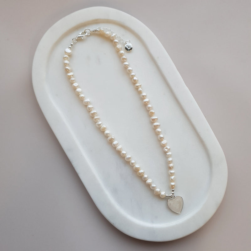 SHORT | NEW | Silver & Pearl Heart on Fresh Water Pearl Necklace