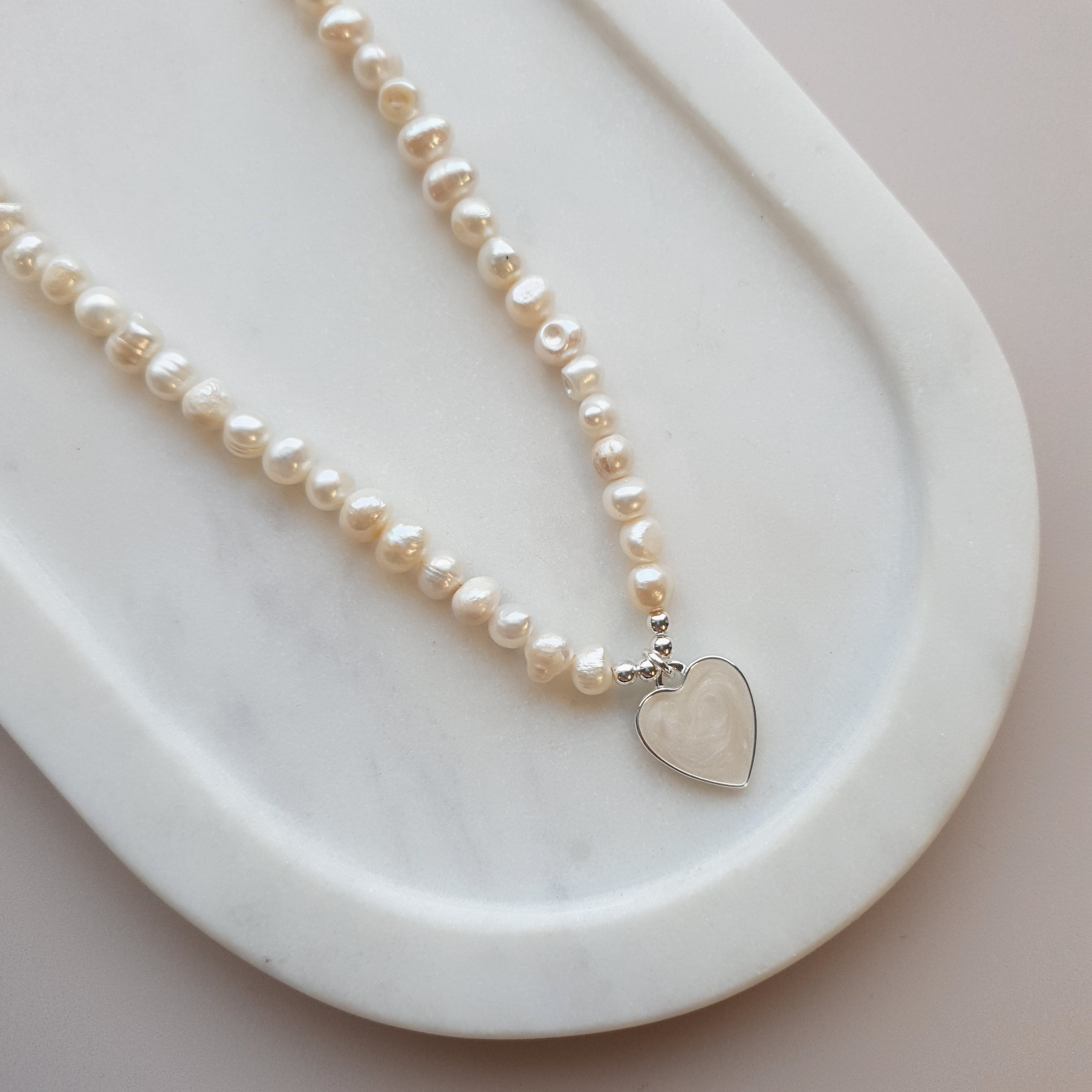 SHORT | Silver & Pearl Heart on Fresh Water Pearl Necklace