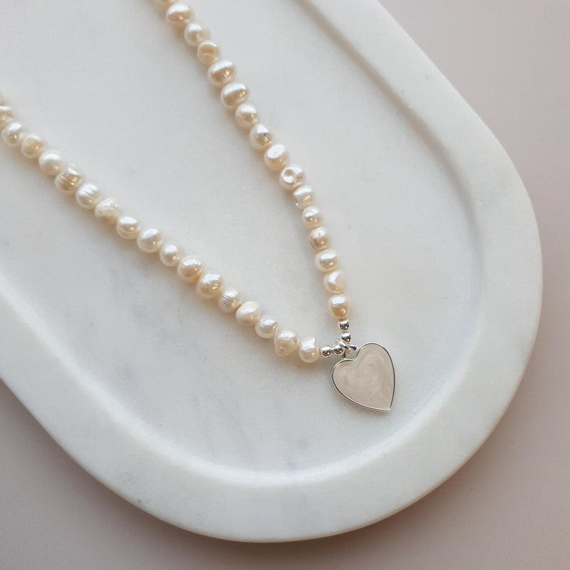 SHORT | NEW | Silver & Pearl Heart on Fresh Water Pearl Necklace