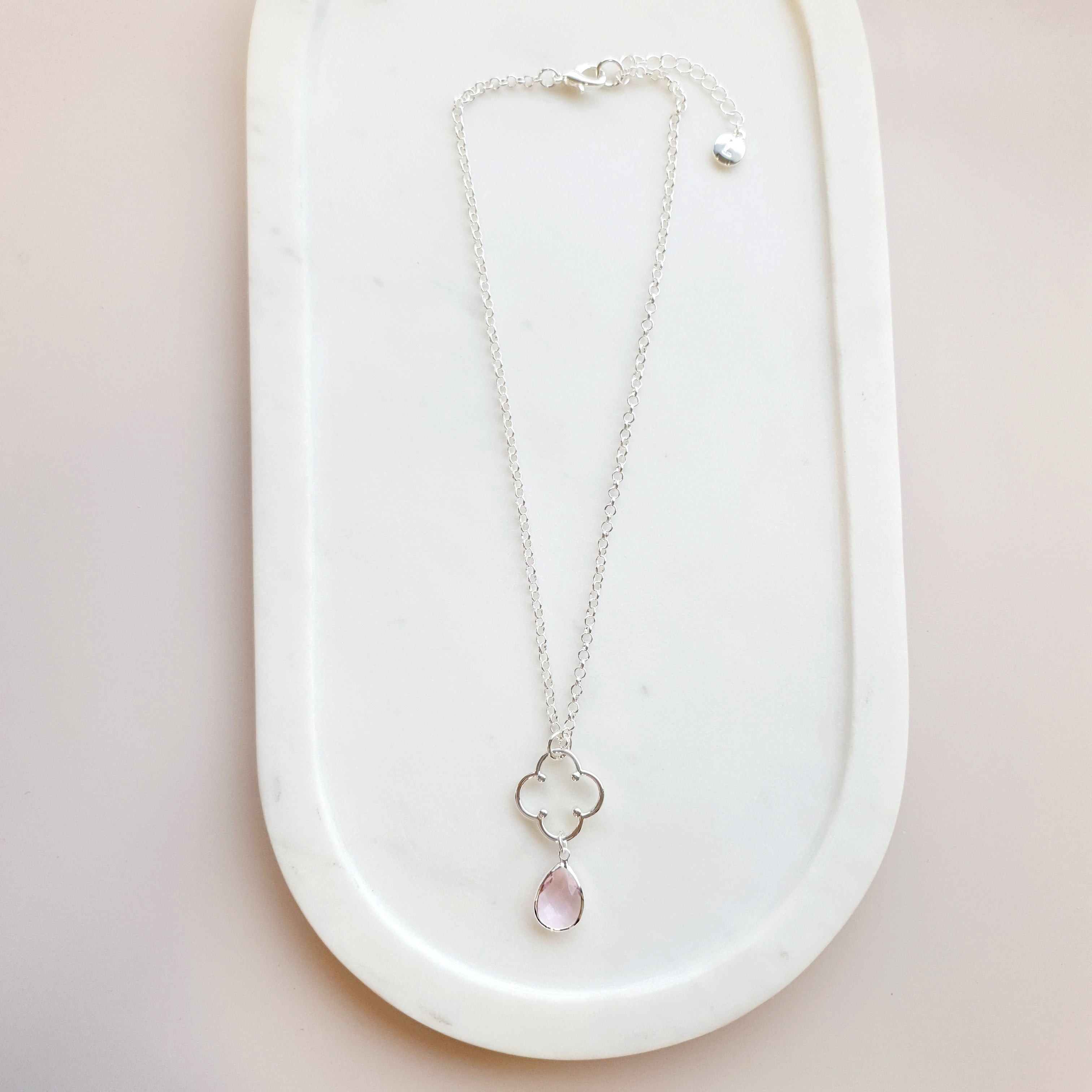 SHORT | Silver Flower & Pink Crystal Necklace