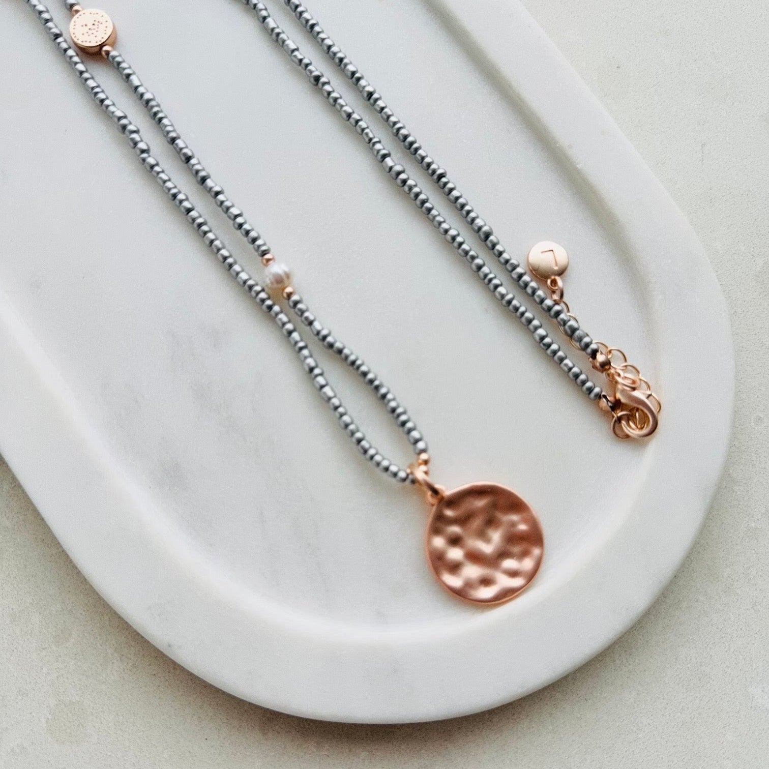 Silver Disc Pendant on Silver Beads Necklace