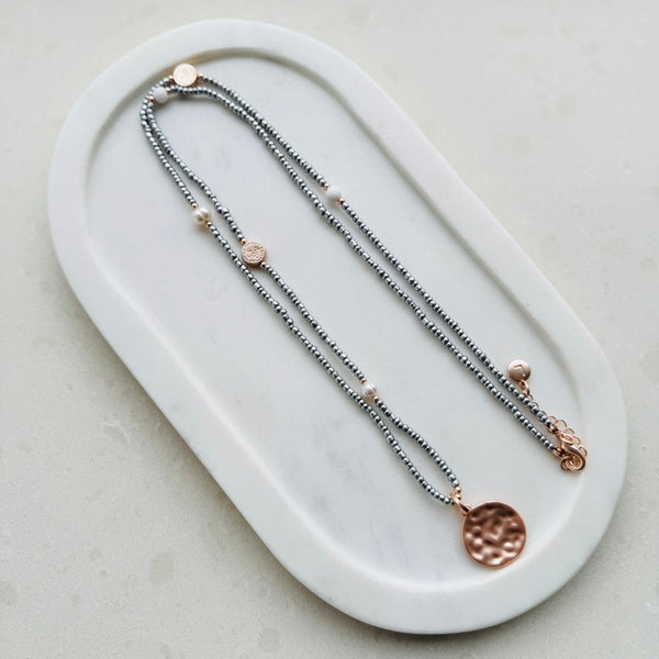 Silver Disc Pendant on Silver Beads Necklace