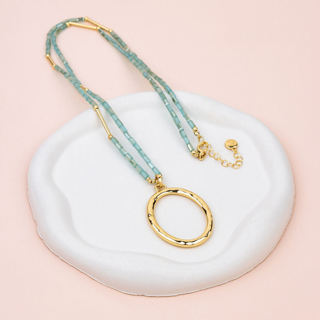 Yellow Gold Oval Pendant with Green Quartz Long Necklace