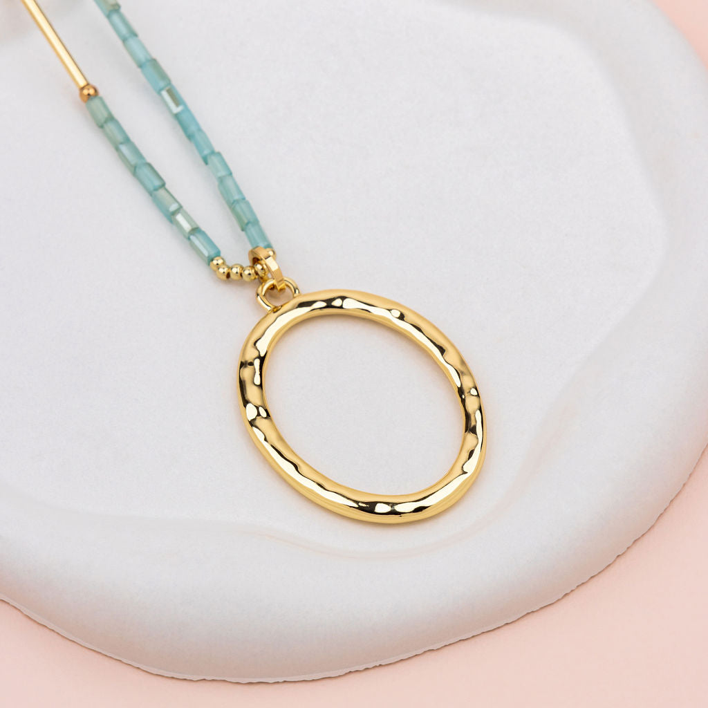 Yellow Gold Oval Pendant with Green Quartz Long Necklace