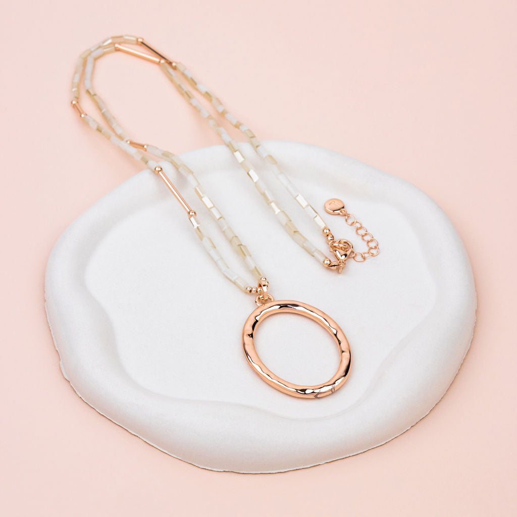 Rose Gold Oval Pendant with White Quartz Long Necklace