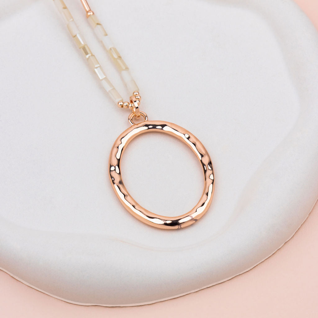 Rose Gold Oval Pendant with White Quartz Long Necklace