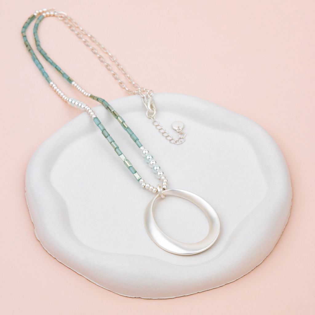 Matt Silver Oval Pendant with Green Quartz Long Necklace