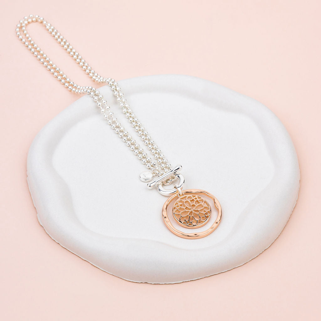 SHORT| LONG | Rose Gold & Silver Circle & Flower Pendant Necklace
