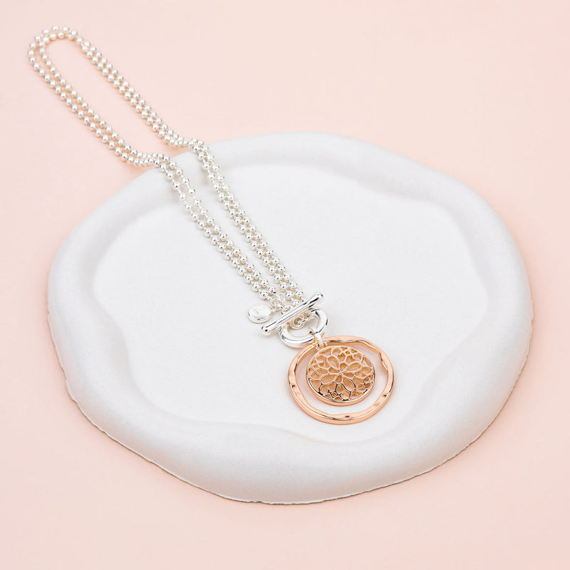 SHORT| LONG | Rose Gold & Silver Circle & Flower Pendant Necklace