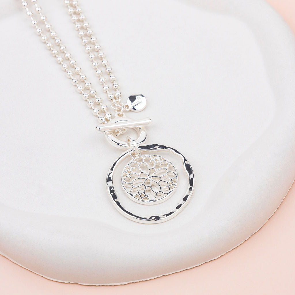 SHORT| LONG | Silver Circle & Flower Pendant Necklace