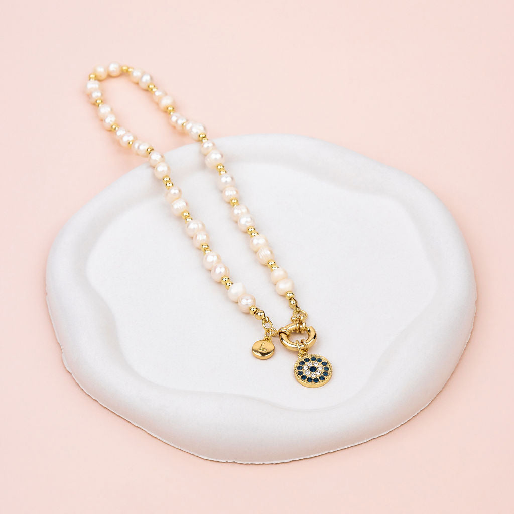 SHORT | Yellow Gold Eye Pendant on Freshwater Pearl Necklace