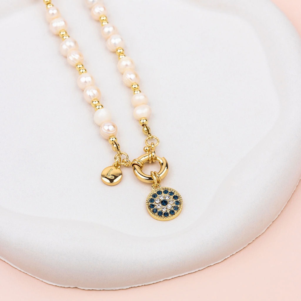 SHORT | Yellow Gold Eye Pendant on Freshwater Pearl Necklace