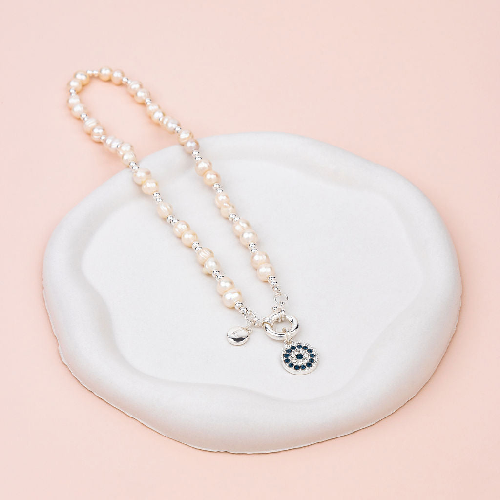 SHORT |Silver Eye Pendant on Freshwater Pearl Necklace