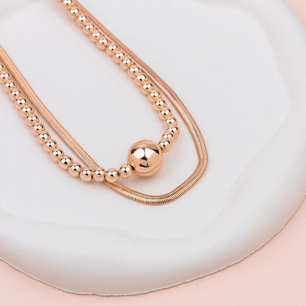 SHORT | Rose Gold 2 Layer Snake & Ball Necklace