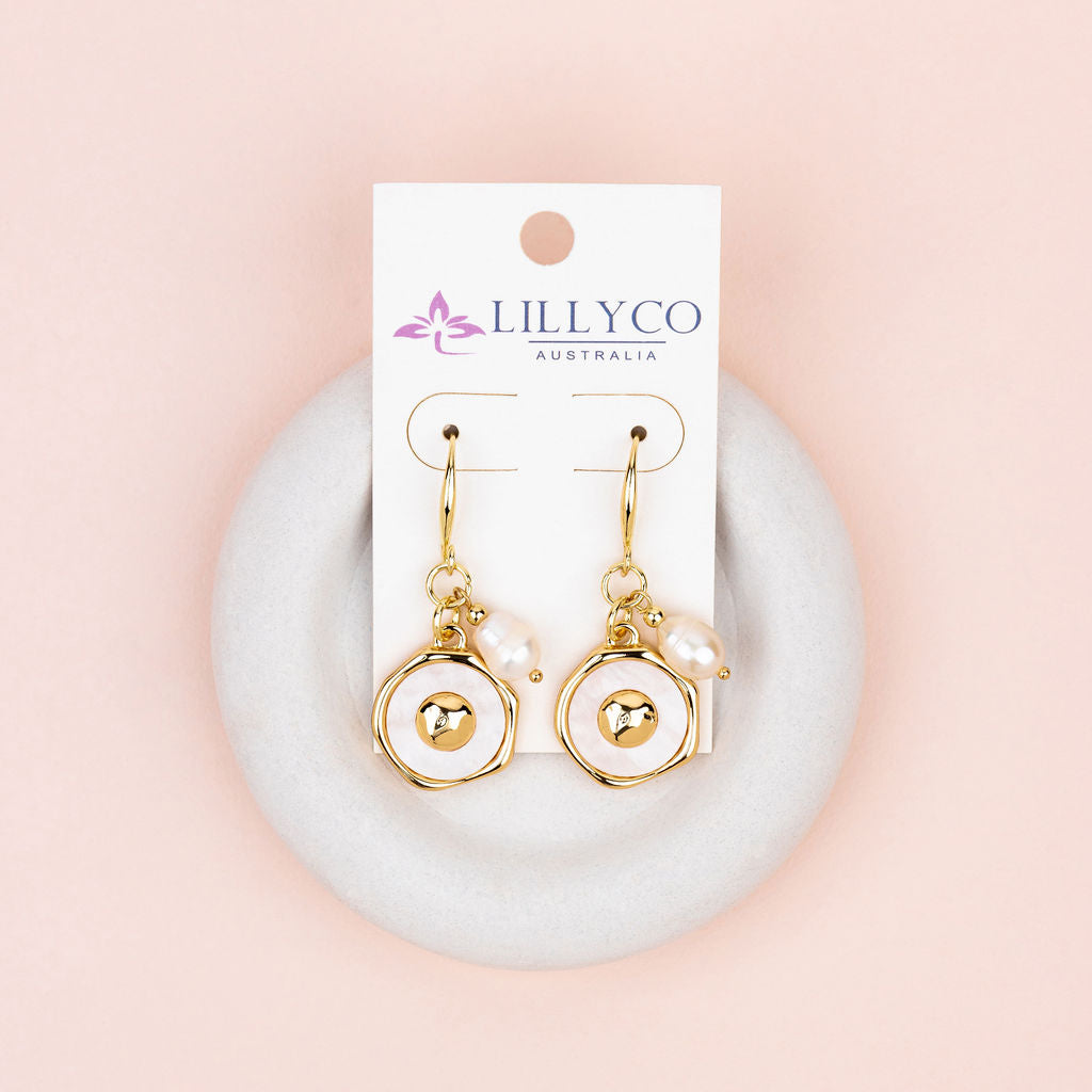 Gold Heart Pearl Charm Earring