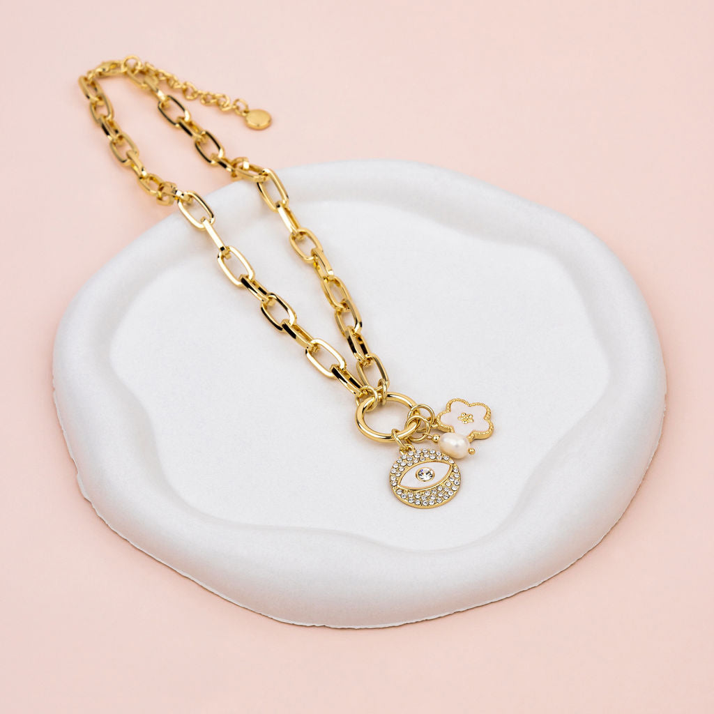 SHORT | Gold Crystal Eye Charm Necklace