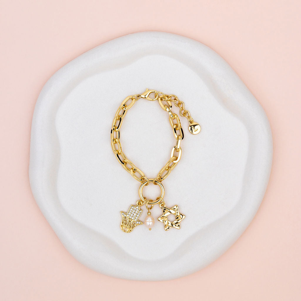Yellow Gold Hamsa Hand and Star Charm Bracelet