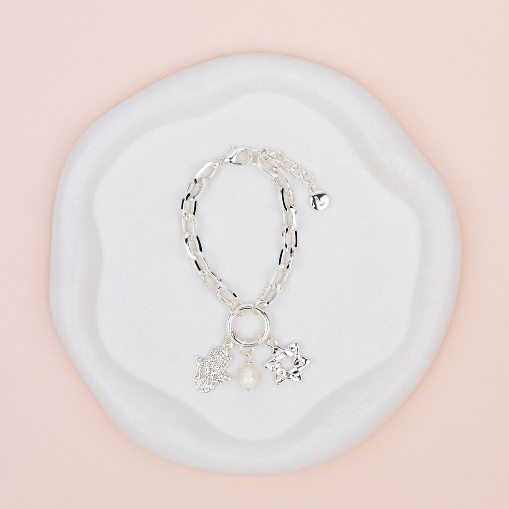 Silver Hamsa Hand and Star Charm Bracelet