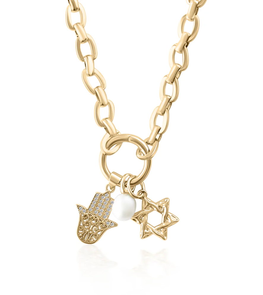 SHORT | Yellow Gold Hamsa Hand and Star Charm Necklace