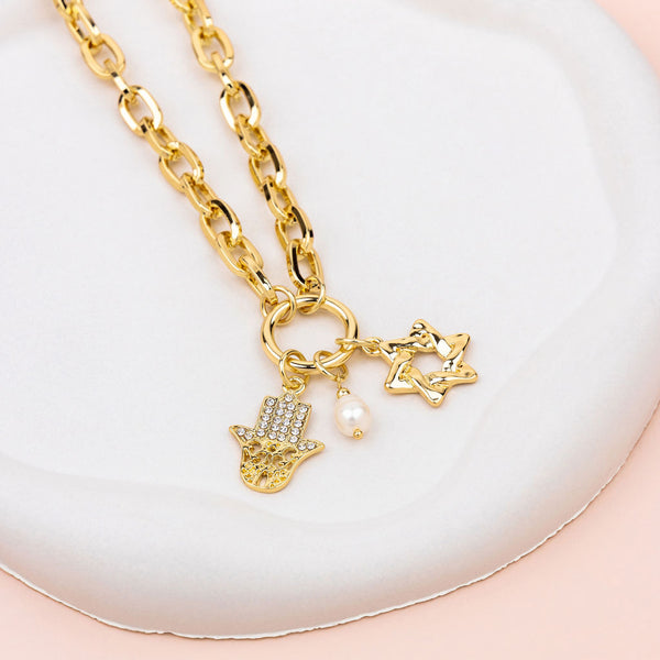 SHORT | Yellow Gold Hamsa Hand and Star Charm Necklace