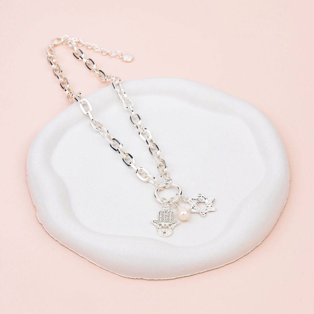 SHORT | Silver Hamsa Hand and Star Charm Necklace