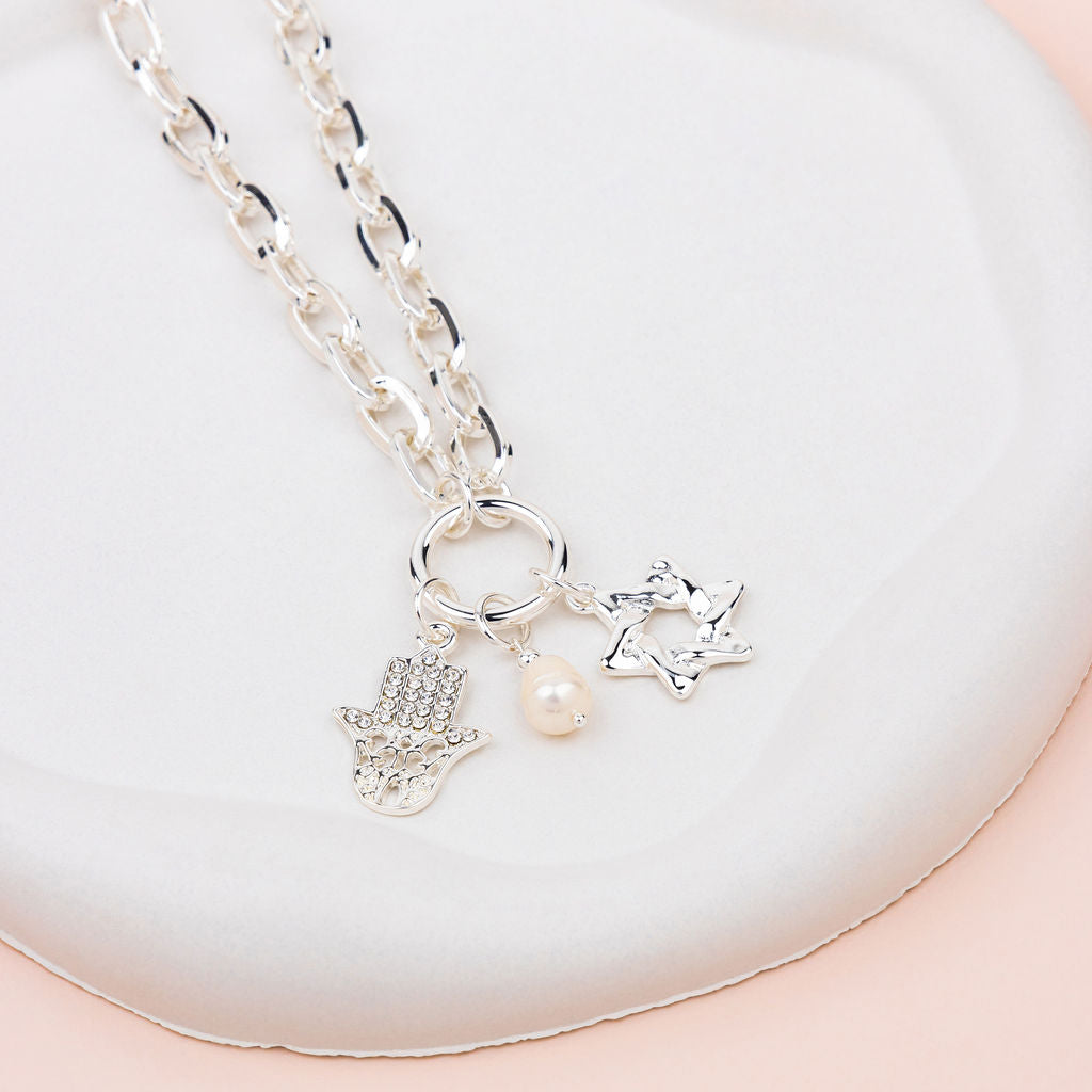 SHORT | Silver Hamsa Hand and Star Charm Necklace