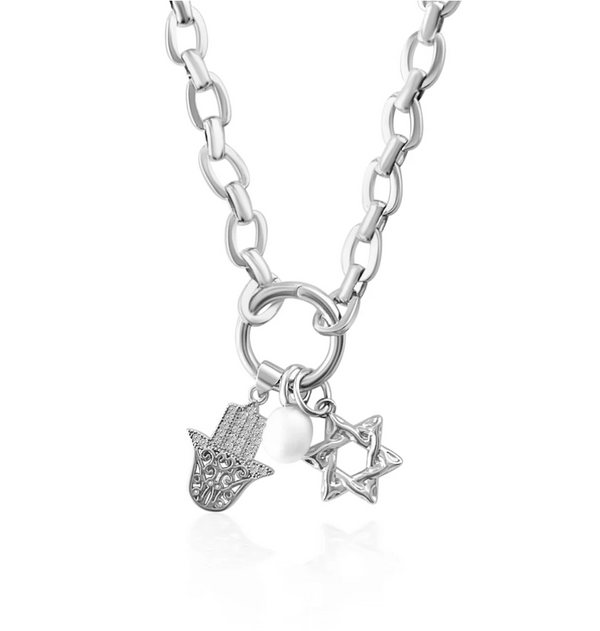 Silver Hamsa Hand and Star Charm Necklace