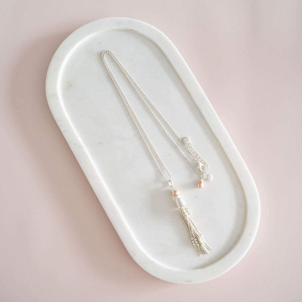 Matt Silver Tassel & Rose Gold Bead Necklace